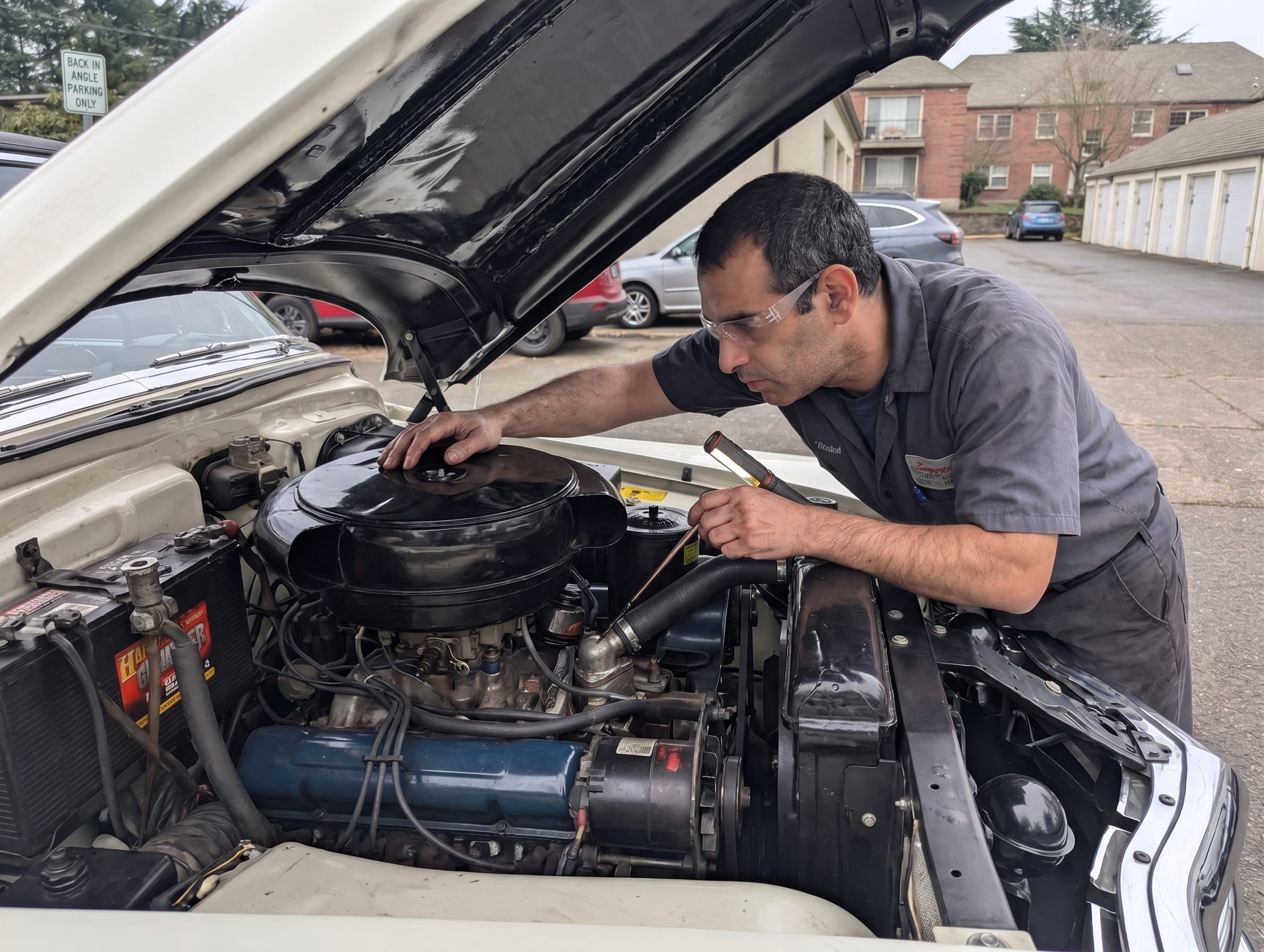 Professional classic car inspection service examining engine bay in Oregon