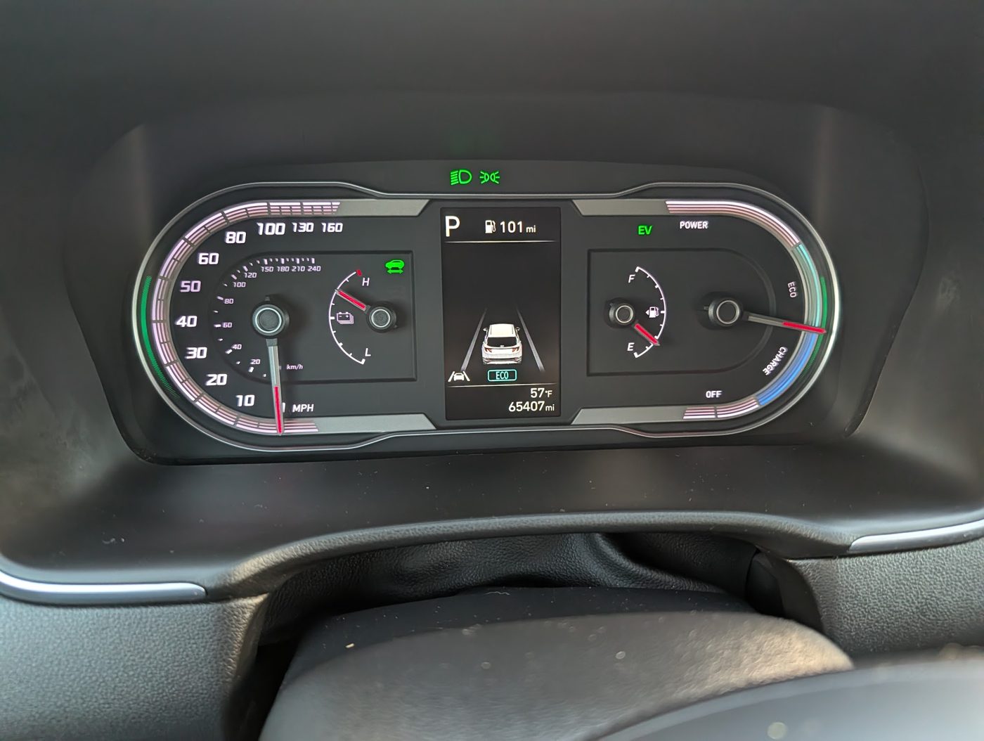 Hybrid instrument cluster and power-flow display checked during inspection