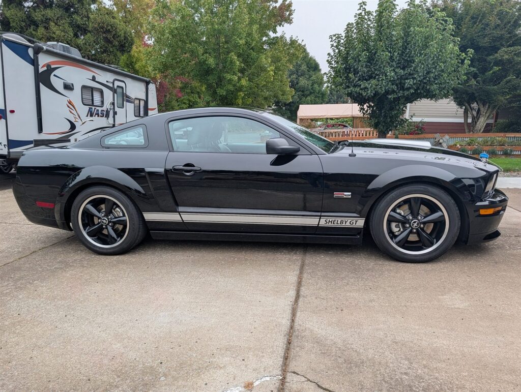 Ford Mustang Shelby GT side profile during a mobile inspection in Bend, Oregon