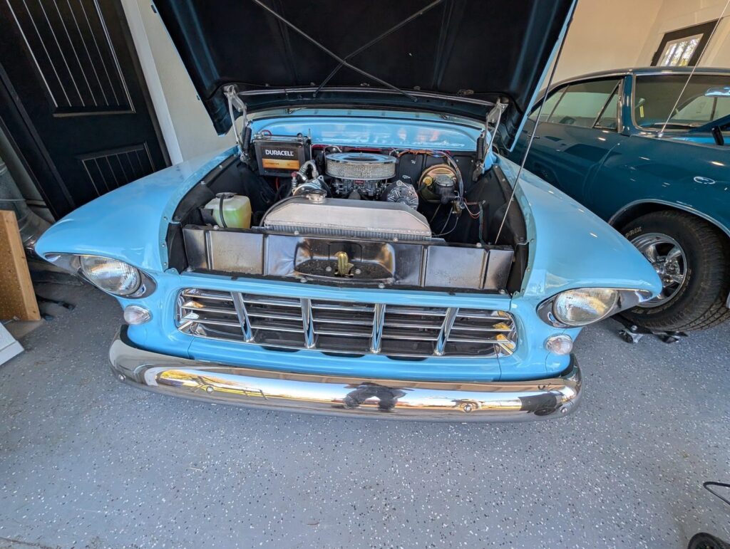 Classic Chevy pickup with its hood open during a pre-purchase inspection in Oakridge, Oregon
