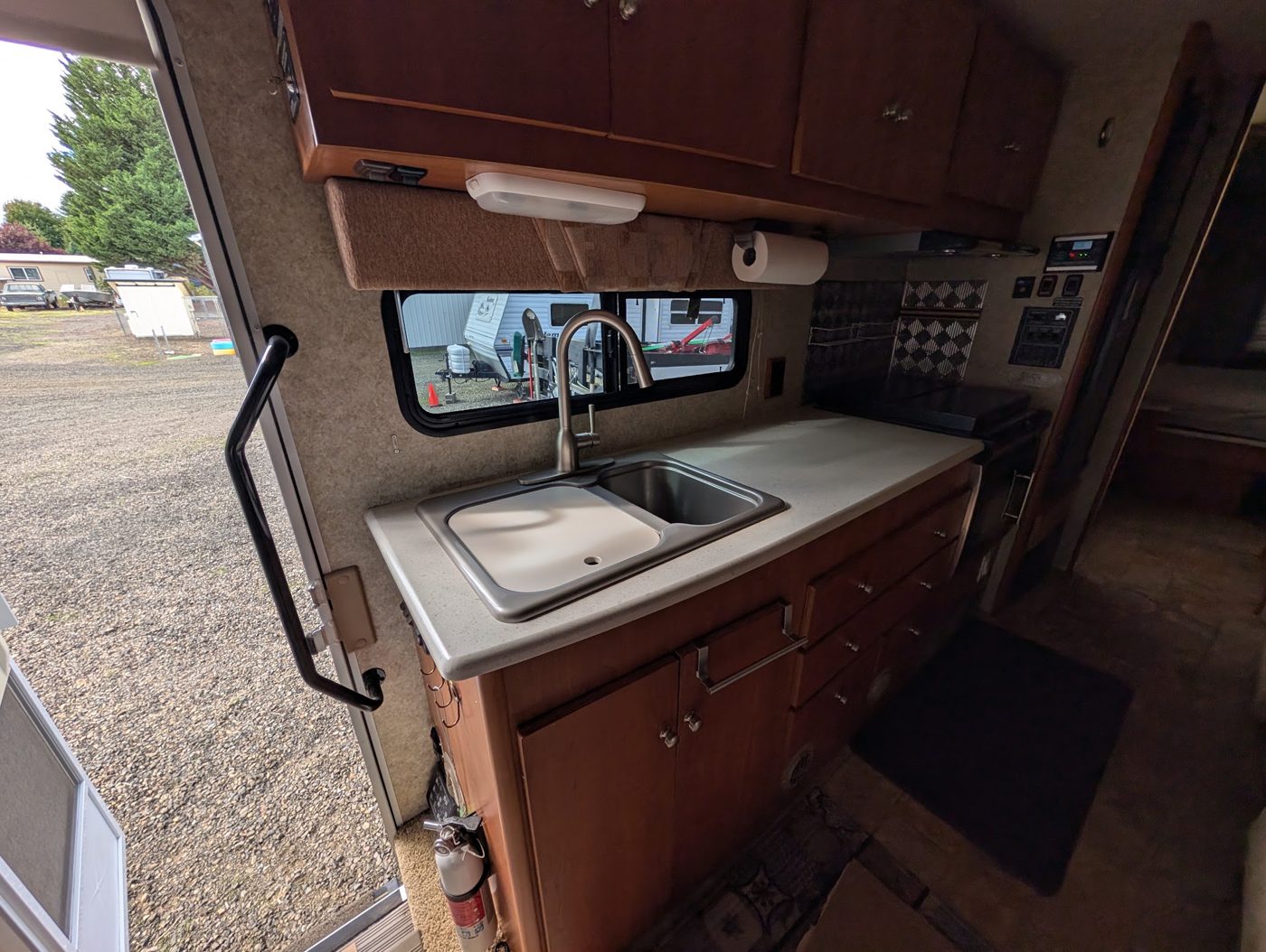 Motorhome galley kitchen and cabinets inspected during an RV evaluation