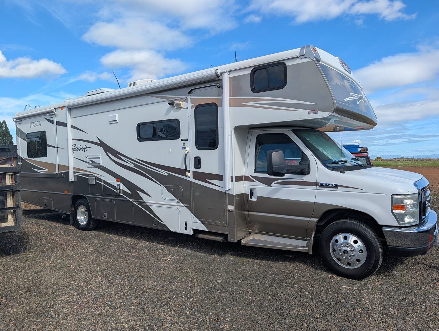 Class C motorhome in profile during a pre-purchase RV inspection